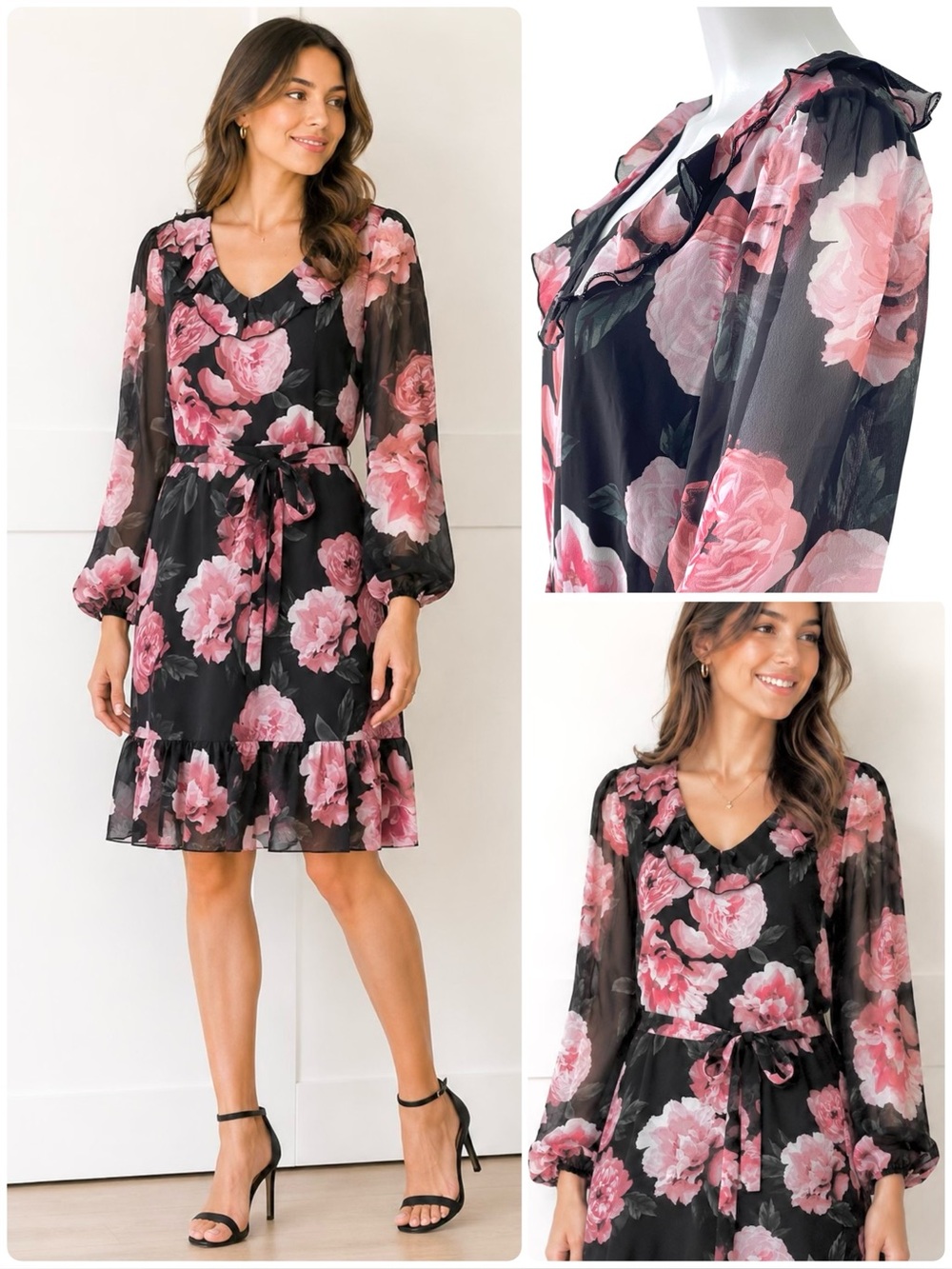 JOIE by Anthropologie Chiffon Shift Floral Dress Ruffled V-Neck Long Sleeve